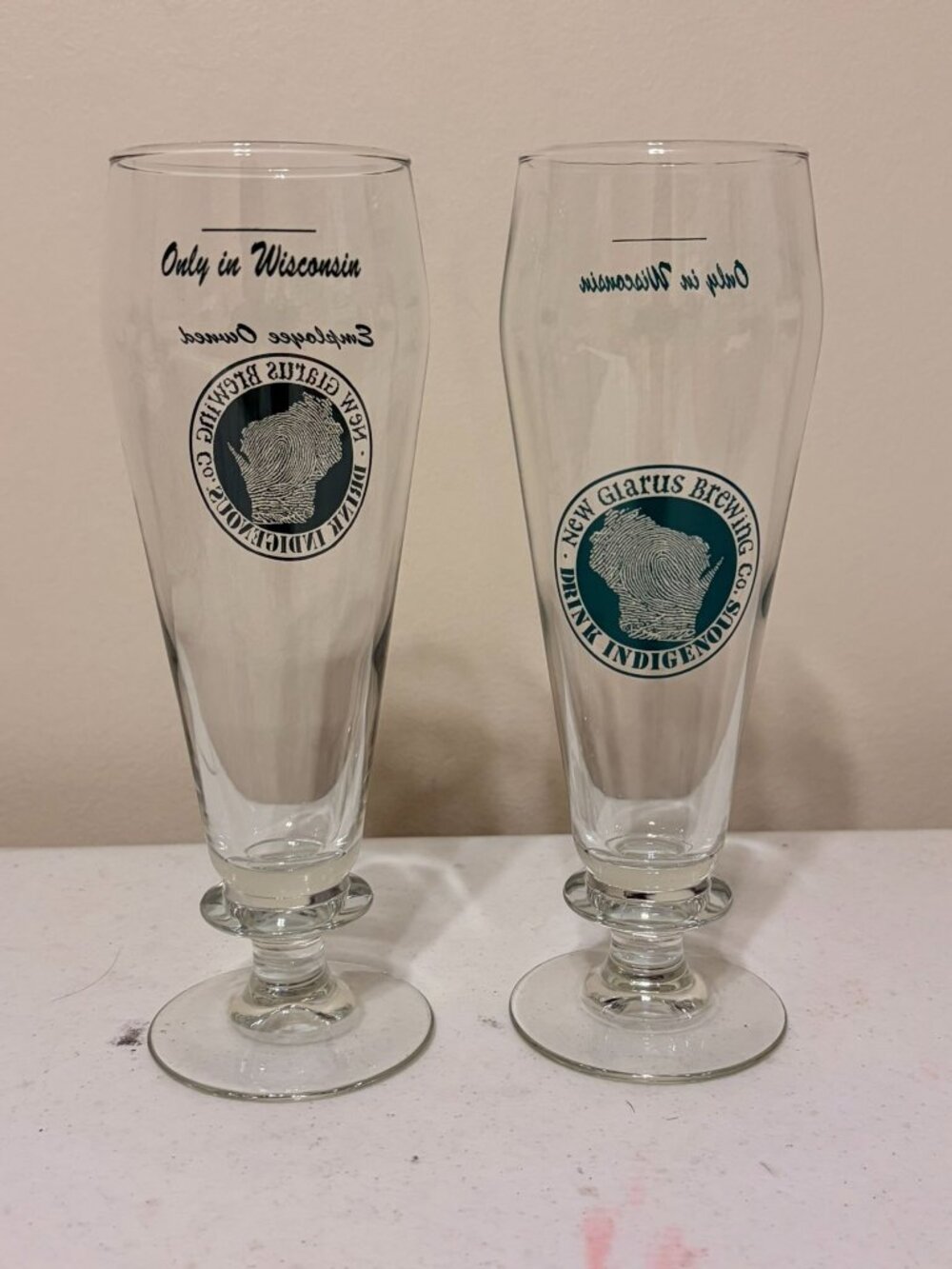 New‎ Glarus Stemmed Green Drink Indigenous Only in Wisconsin 14 Oz Glasses